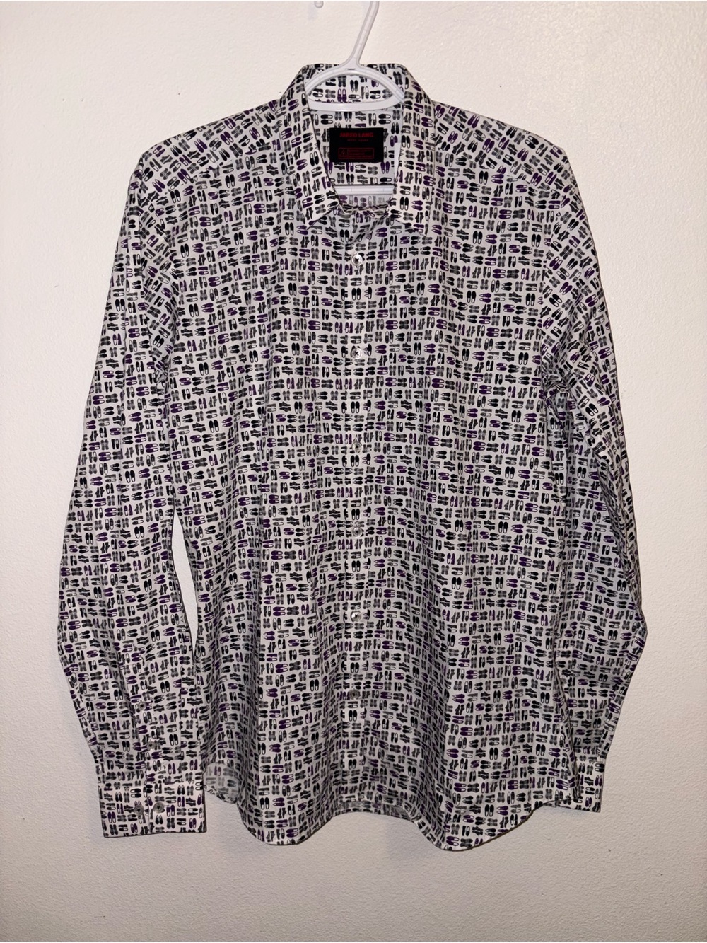 Jared Lang White Button-Up Shirt with Black and Purple Shoe Print